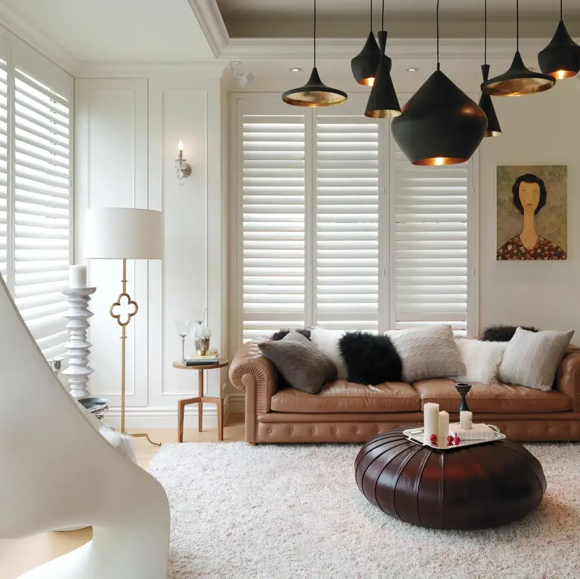 Premium plantation shutters in a bright living room