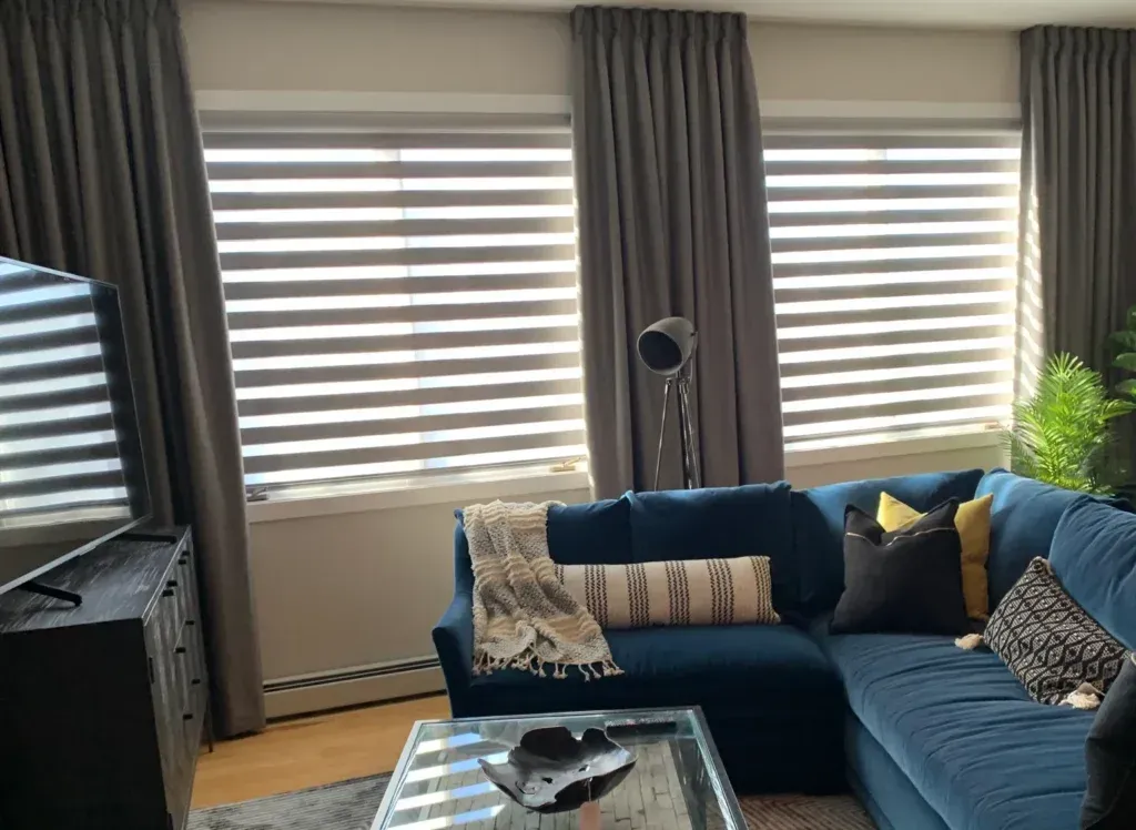 Denver living room styled with custom Blinds Couture window treatments