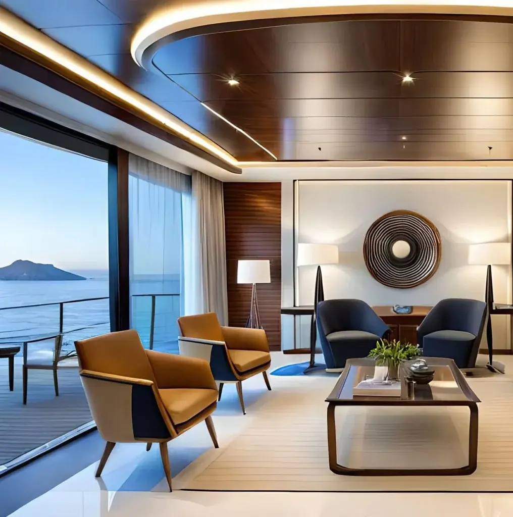 Luxury yacht interior with custom window treatments