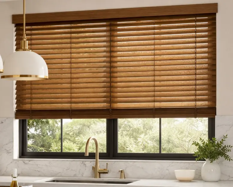 Wood blinds in a kitchen