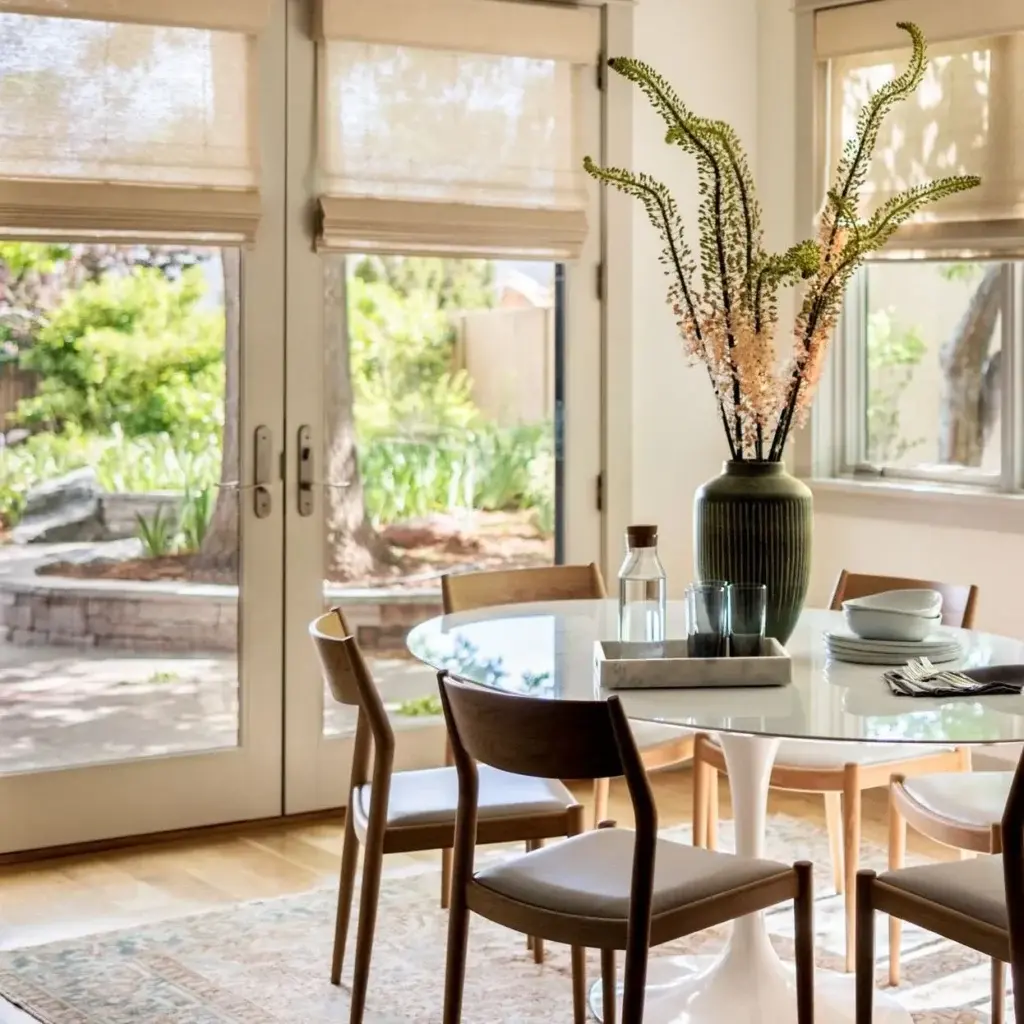 Custom roman shades in a sunlit bedroom
