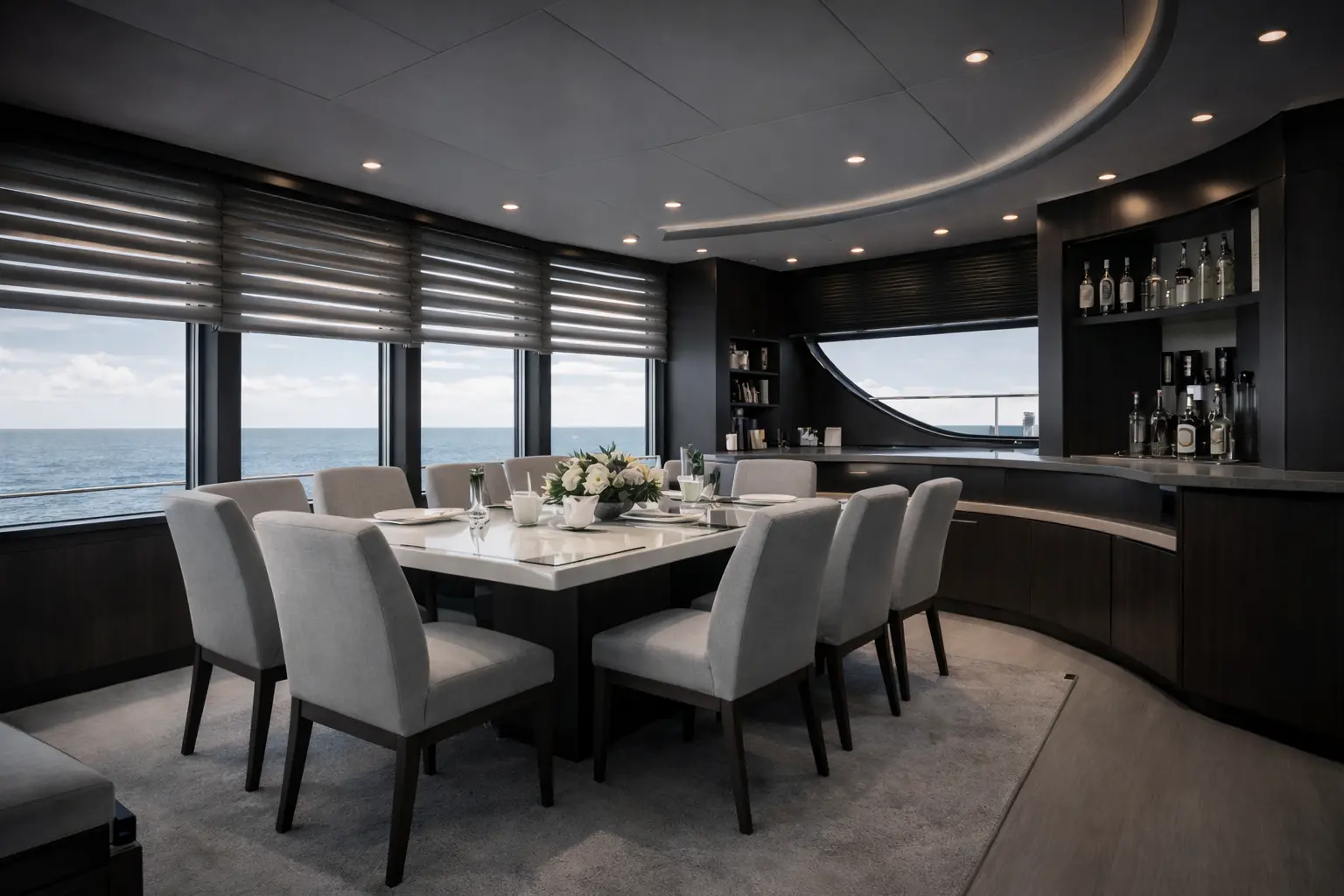 Privacy curtains in a yacht master stateroom